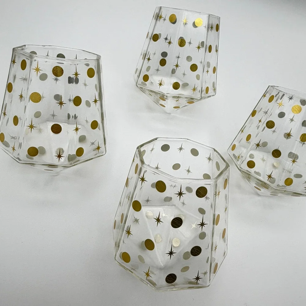 Chic and Tonic Faceted Glass Diamond Tumbler Set 4pc Gold Starburst Mid-Century‎